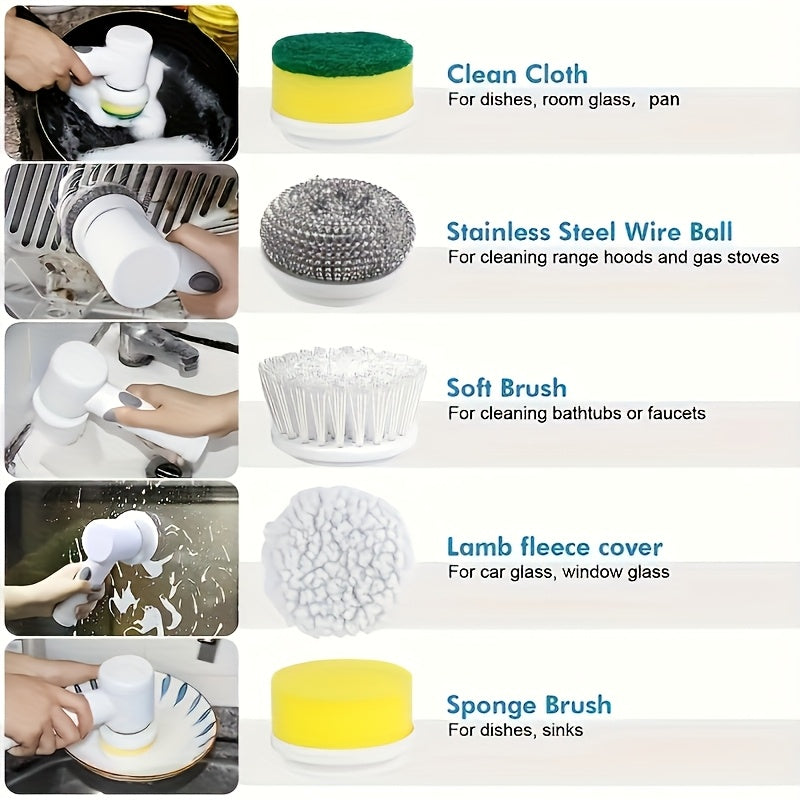 GrowGadget® Electric Cleaning Brush – 5 Brush Heads – USB Rechargeable – Portable Spin Scrubber for Kitchen, Bathroom, Tiles & Stove – 500mAh Battery