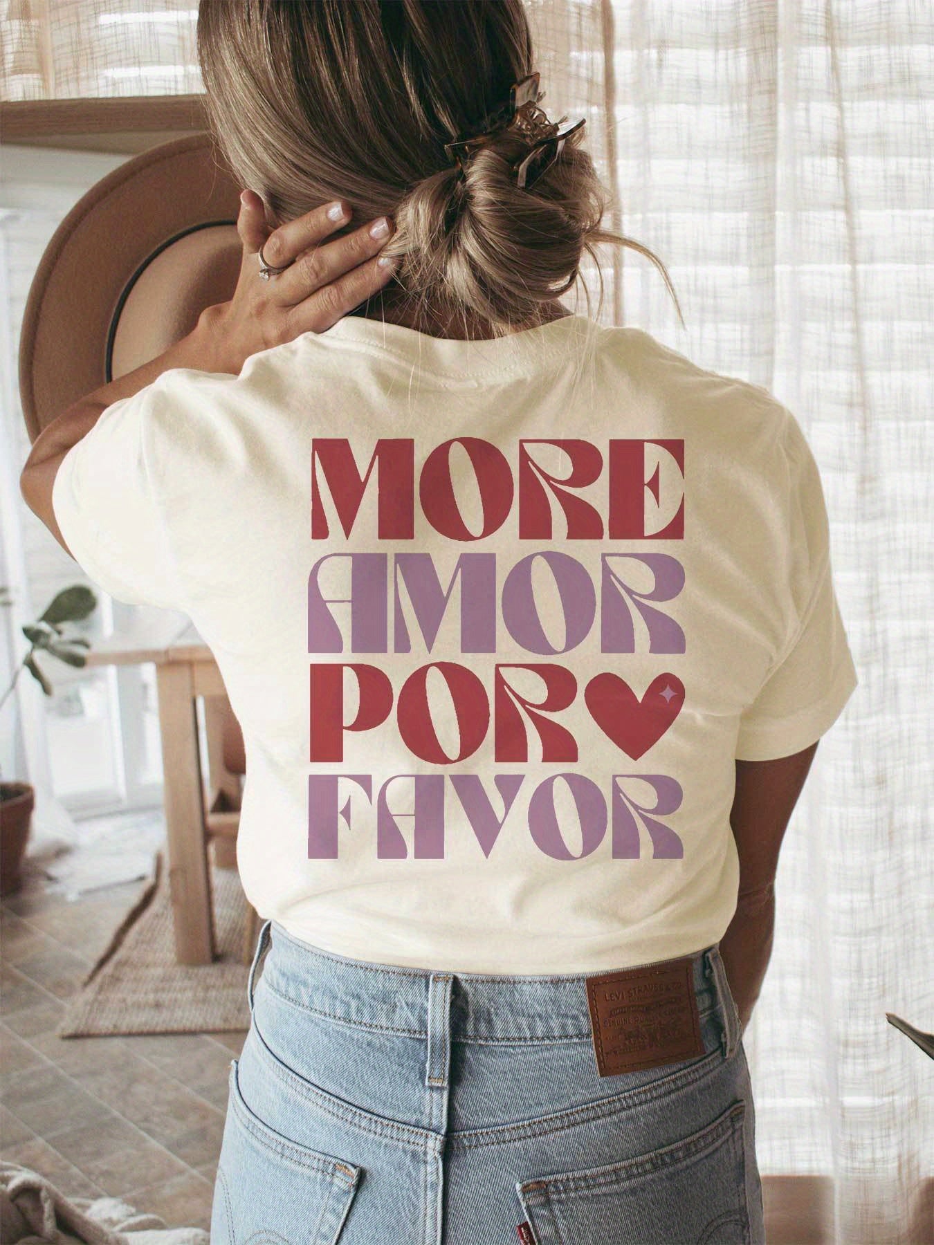 Dames "Meer Liefde Als U Wilt" Grafisch T-shirt - Casual Crew Neck Korte Mouw T-shirt met Hartontwerp, Lichtgeel, Lente/Zomer Mode, Casual Kleding|Speelse Print|Comfortabele Pasvorm, Dames T-shirts
