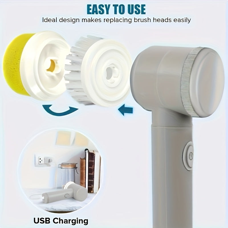 GrowGadget® Electric Cleaning Brush – 5 Brush Heads – USB Rechargeable – Portable Spin Scrubber for Kitchen, Bathroom, Tiles & Stove – 500mAh Battery