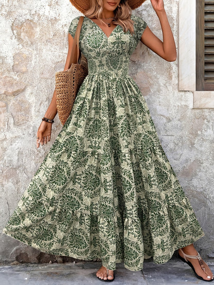 Nieuwe lente- en zomer vakantie dames gedrukte patchwork korte mouw V-hals lange jurk van avondmist.