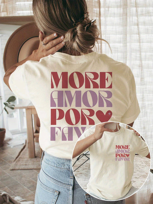 Dames "Meer Liefde Als U Wilt" Grafisch T-shirt - Casual Crew Neck Korte Mouw T-shirt met Hartontwerp, Lichtgeel, Lente/Zomer Mode, Casual Kleding|Speelse Print|Comfortabele Pasvorm, Dames T-shirts